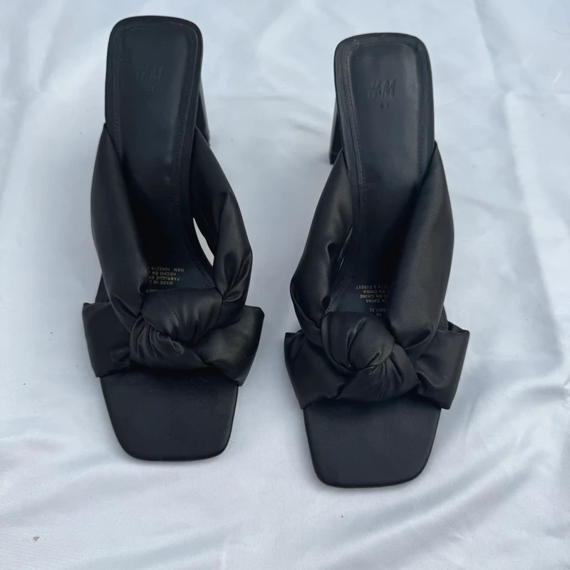 H&M Black Knotted Mule Heels Square Toe Padded Faux Leather Block Heel UK 8 / EU 41 - Image 3