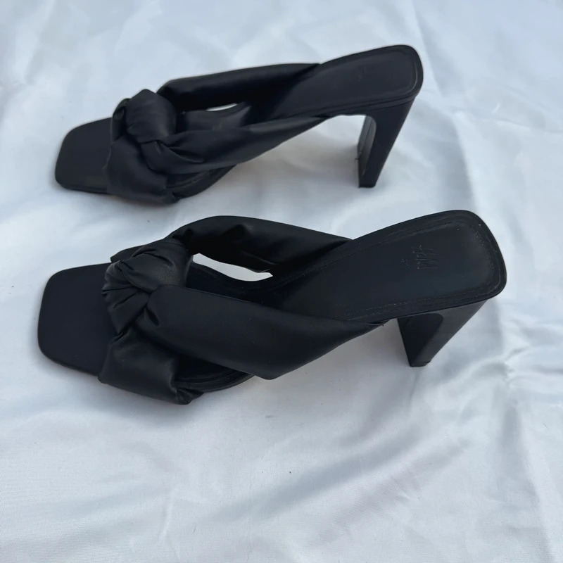 H&M Black Knotted Mule Heels Square Toe Padded Faux Leather Block Heel UK 8 / EU 41 - Image 4
