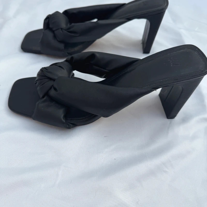 H&M Black Knotted Mule Heels Square Toe Padded Faux Leather Block Heel UK 8 / EU 41 - Image 5