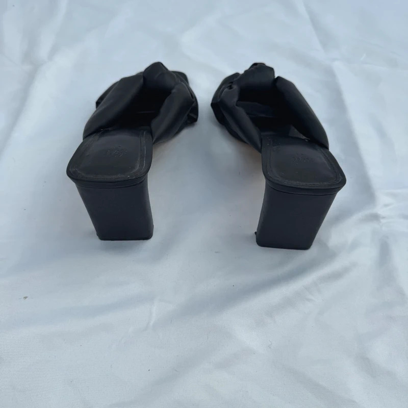 H&M Black Knotted Mule Heels Square Toe Padded Faux Leather Block Heel UK 8 / EU 41 - Image 6