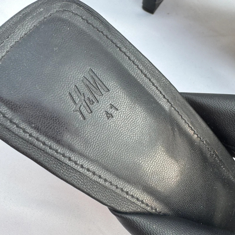 H&M Black Knotted Mule Heels Square Toe Padded Faux Leather Block Heel UK 8 / EU 41 - Image 7