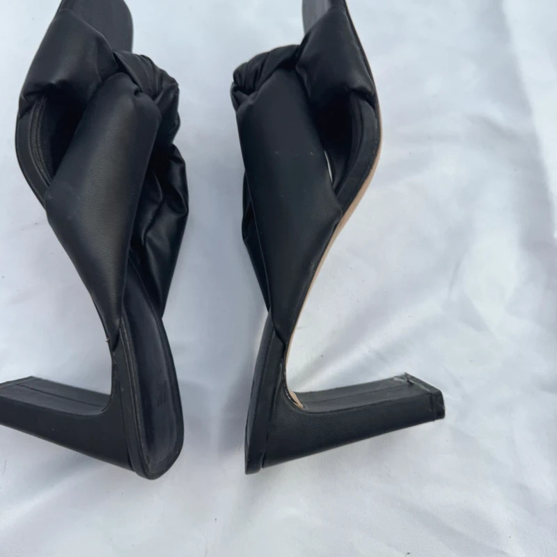 H&M Black Knotted Mule Heels Square Toe Padded Faux Leather Block Heel UK 8 / EU 41 - Image 12