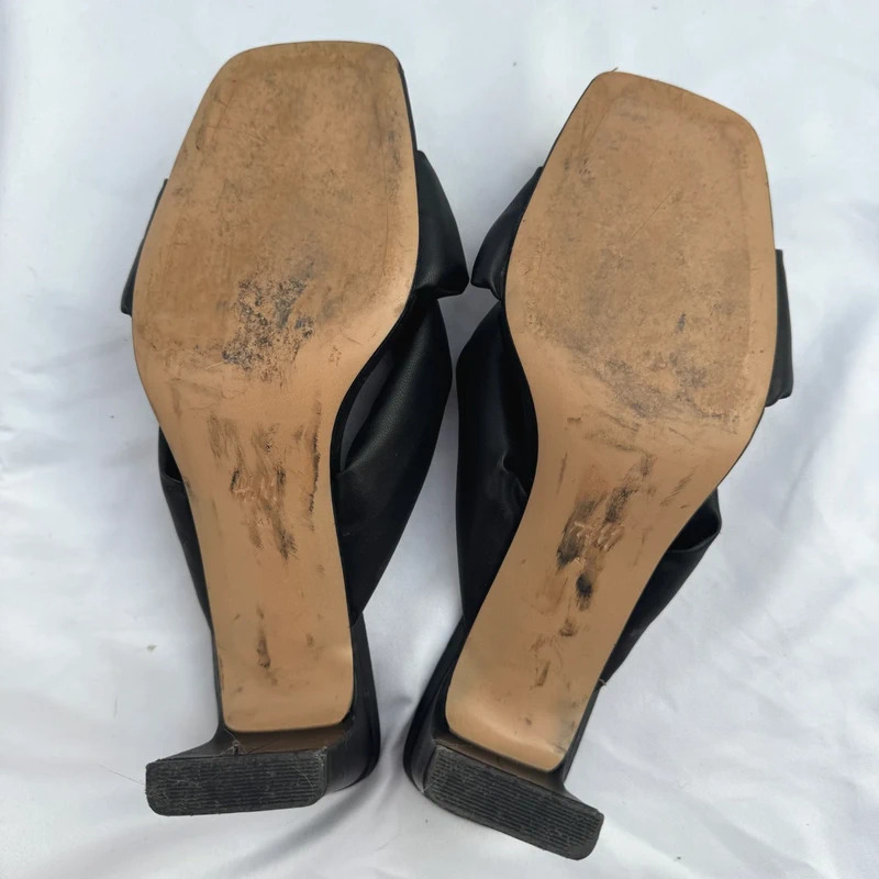 H&M Black Knotted Mule Heels Square Toe Padded Faux Leather Block Heel UK 8 / EU 41 - Image 14