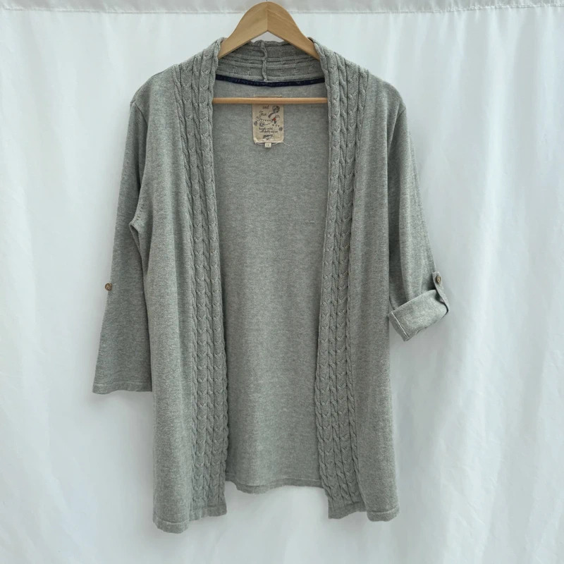 Mantaray Grey Longline Cardigan Cable Knit Trim Roll-Tab Sleeves Open UK 12