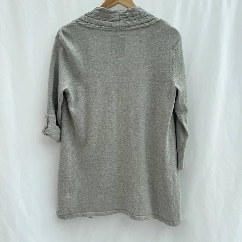 Mantaray Grey Longline Cardigan Cable Knit Trim Roll-Tab Sleeves Open UK 12 - Image 10