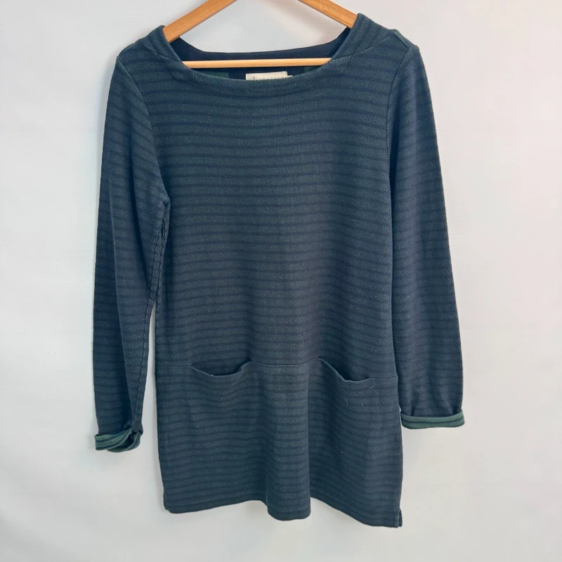 Seasalt Cornwall Gentle Wave Tunic UK 10 Navy Green Stripe Long Sleeve Pockets