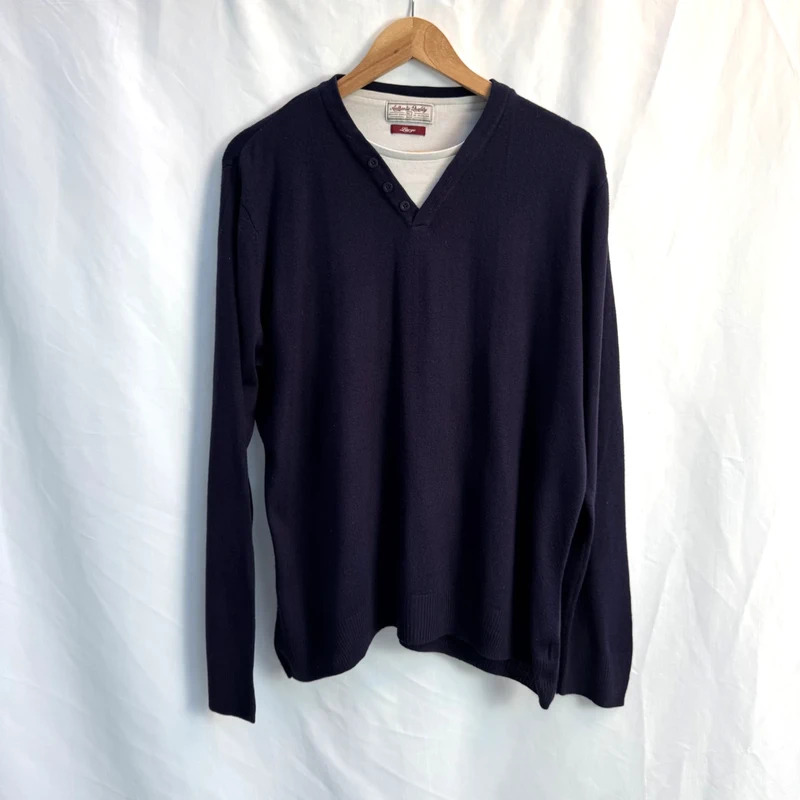 Tu Men's Large Purple V-Neck Mock Layer Jumper Knitwear Smart Casual Sweater