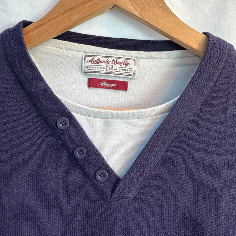 Tu Men's Large Purple V-Neck Mock Layer Jumper Knitwear Smart Casual Sweater - Image 2