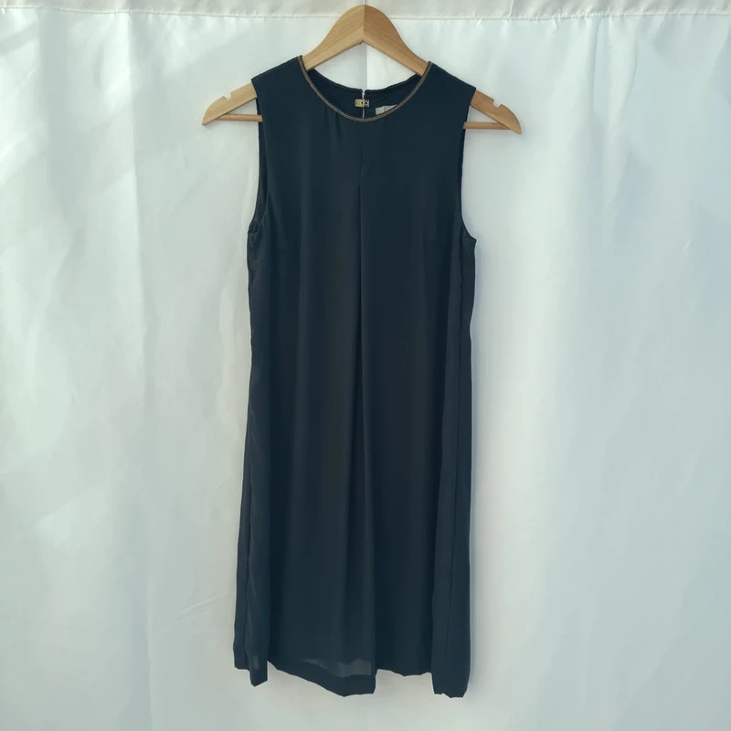 H&M Navy Sleeveless Shift Dress Gold Beaded Neck Lined UK10 EU36 Elegant