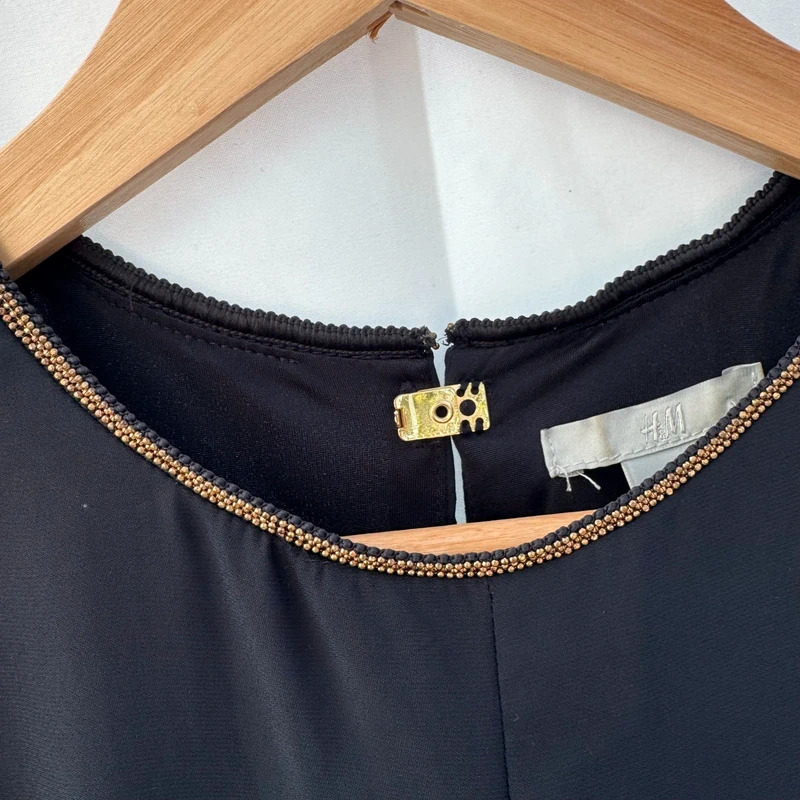 H&M Navy Sleeveless Shift Dress Gold Beaded Neck Lined UK10 EU36 Elegant - Image 2