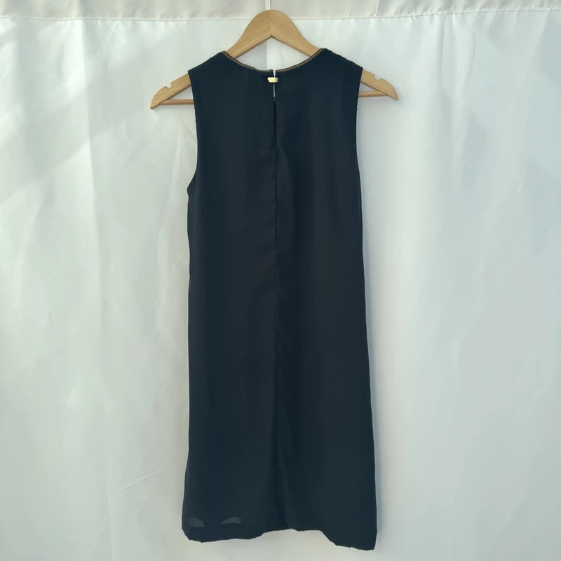 H&M Navy Sleeveless Shift Dress Gold Beaded Neck Lined UK10 EU36 Elegant - Image 6
