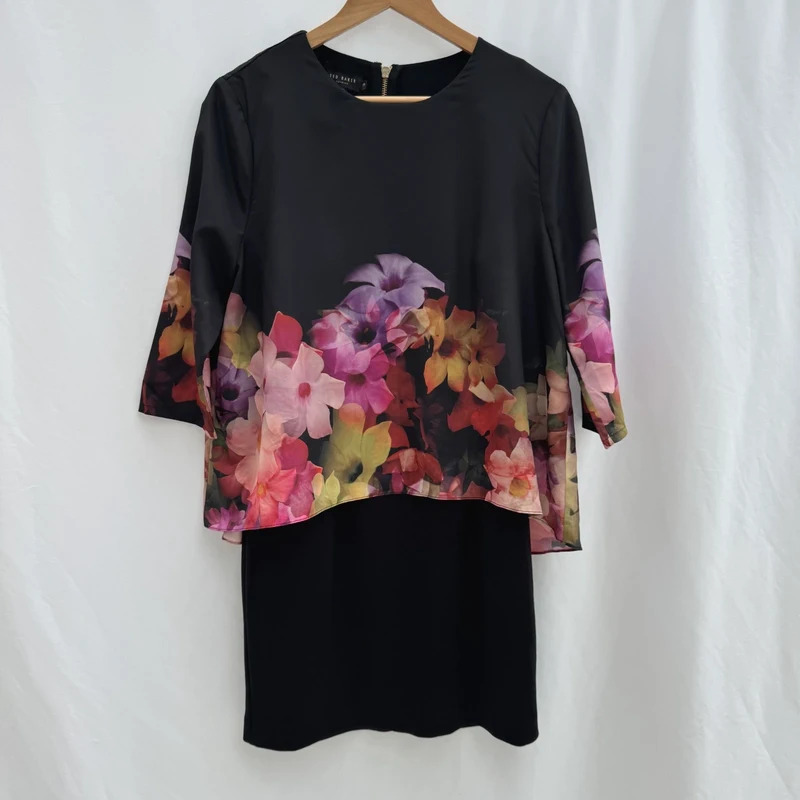 Ted Baker Cadie Layered Floral Dress Size 3 UK 12 Black Pink 3/4 Sleeve