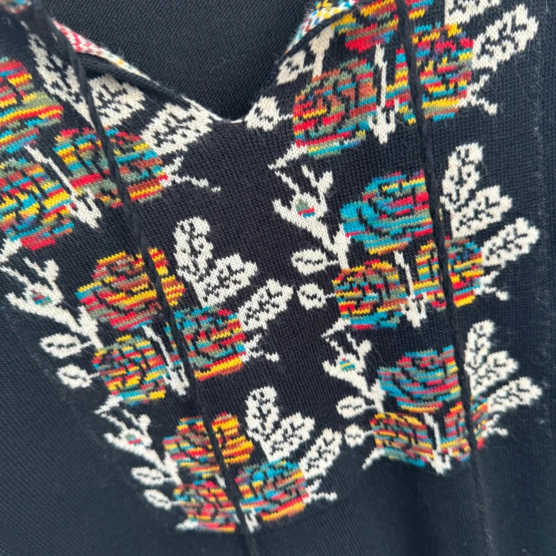 Vintage Black Folk Embroidered Jumper Southwestern / Aztec Floral Tassel Neck UK 8-10 - Image 2
