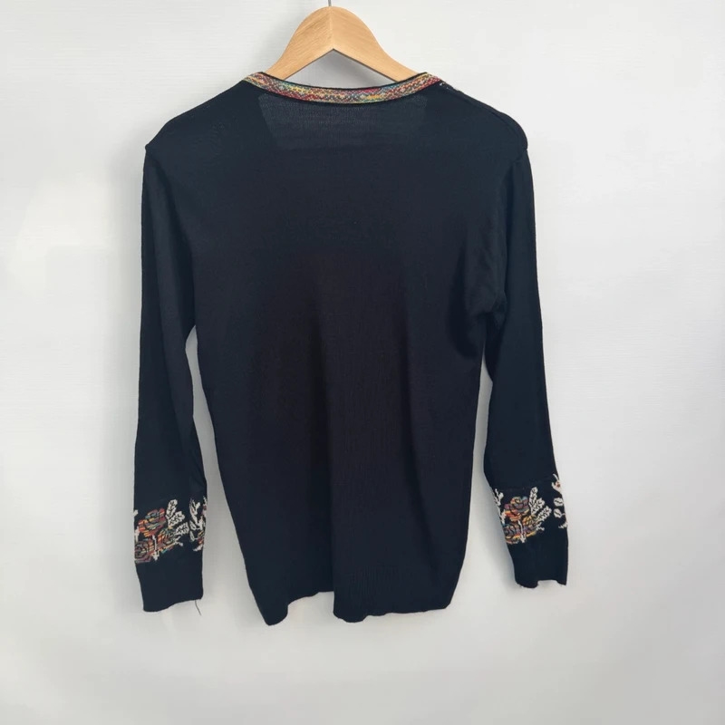 Vintage Black Folk Embroidered Jumper Southwestern / Aztec Floral Tassel Neck UK 8-10 - Image 4