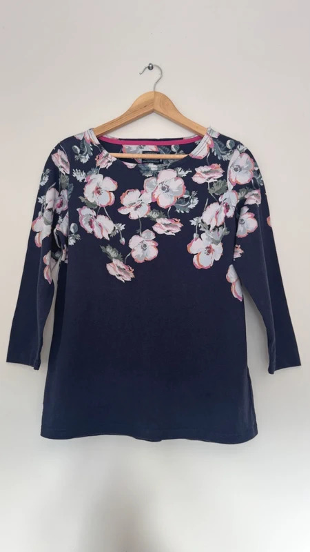 Joules Harbour Floral Breton Top Navy Pink 3/4 Sleeve UK 14 Cotton