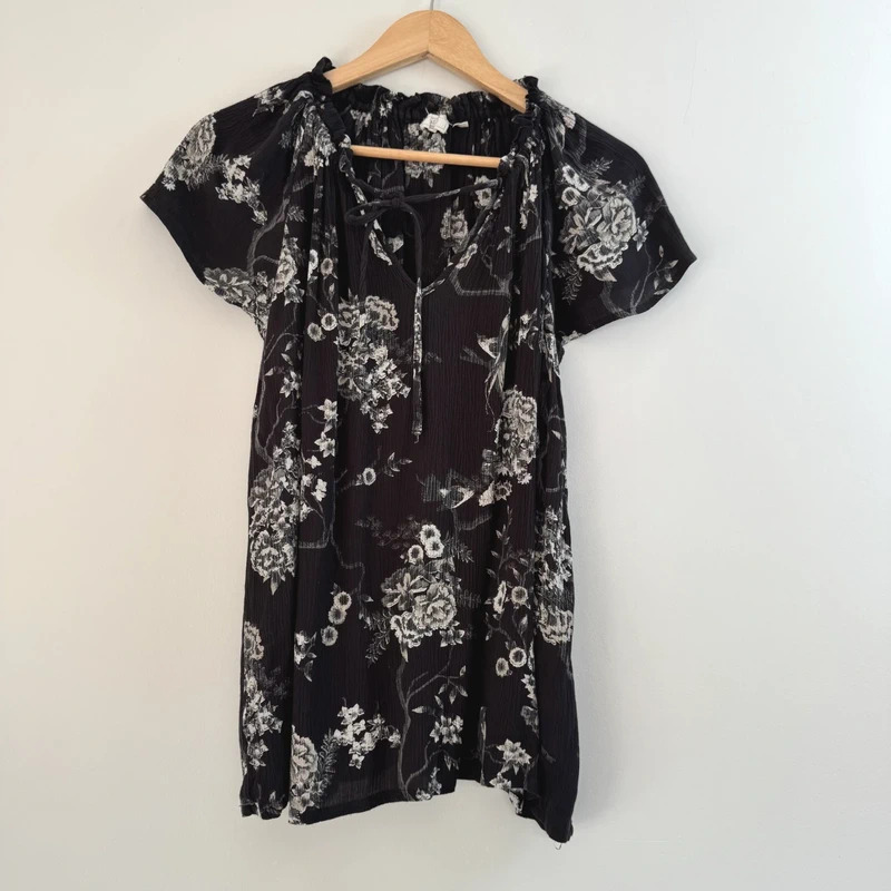 FatFace Nature Print Tie Neck Tunic Black Bird Floral Size M UK 12 14 16 18