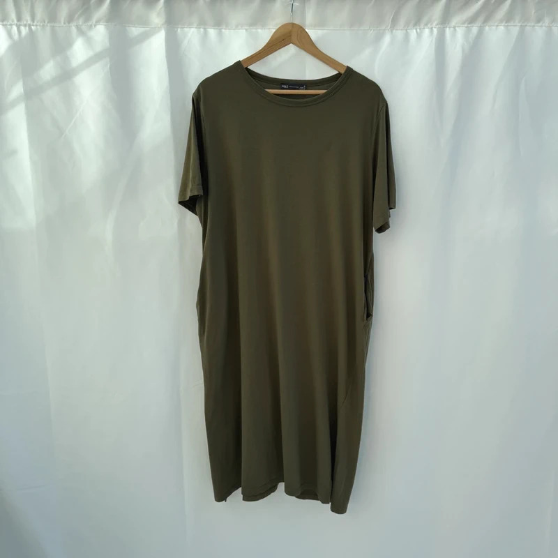 M&S Khaki Cotton T-Shirt Dress UK 16 Pockets Side Slits Short Sleeve Midi