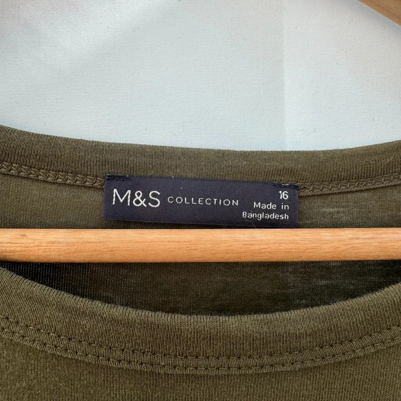 M&S Khaki Cotton T-Shirt Dress UK 16 Pockets Side Slits Short Sleeve Midi - Image 2
