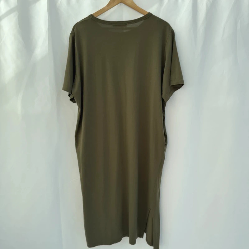 M&S Khaki Cotton T-Shirt Dress UK 16 Pockets Side Slits Short Sleeve Midi - Image 7