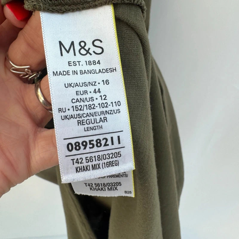M&S Khaki Cotton T-Shirt Dress UK 16 Pockets Side Slits Short Sleeve Midi - Image 9