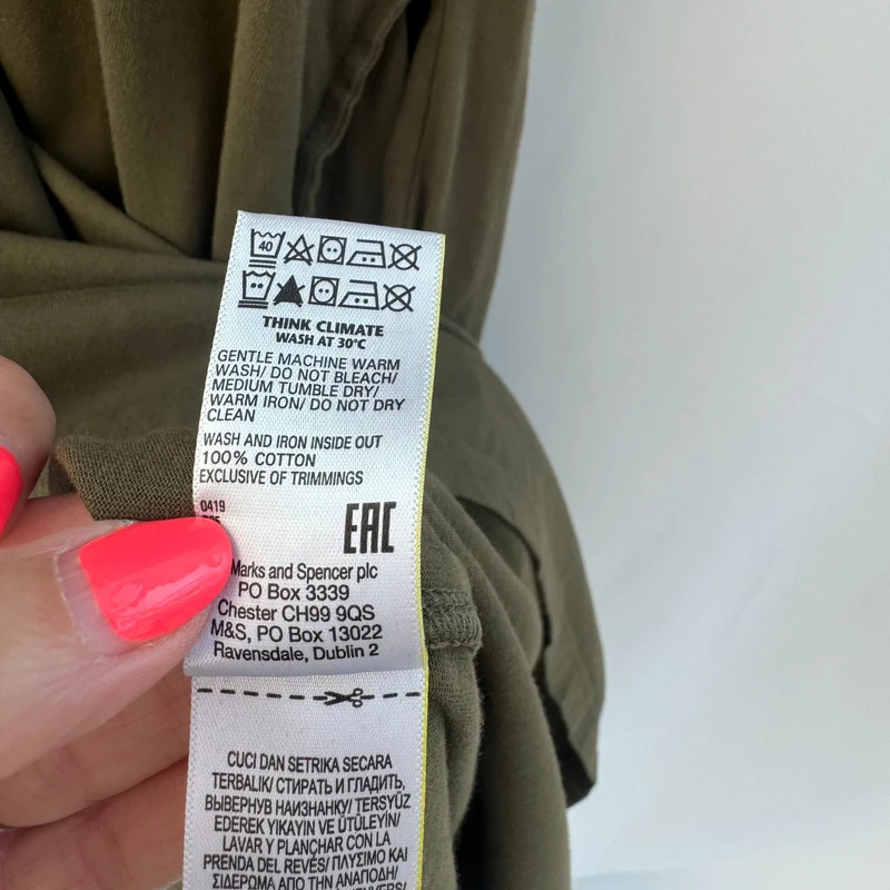 M&S Khaki Cotton T-Shirt Dress UK 16 Pockets Side Slits Short Sleeve Midi - Image 10