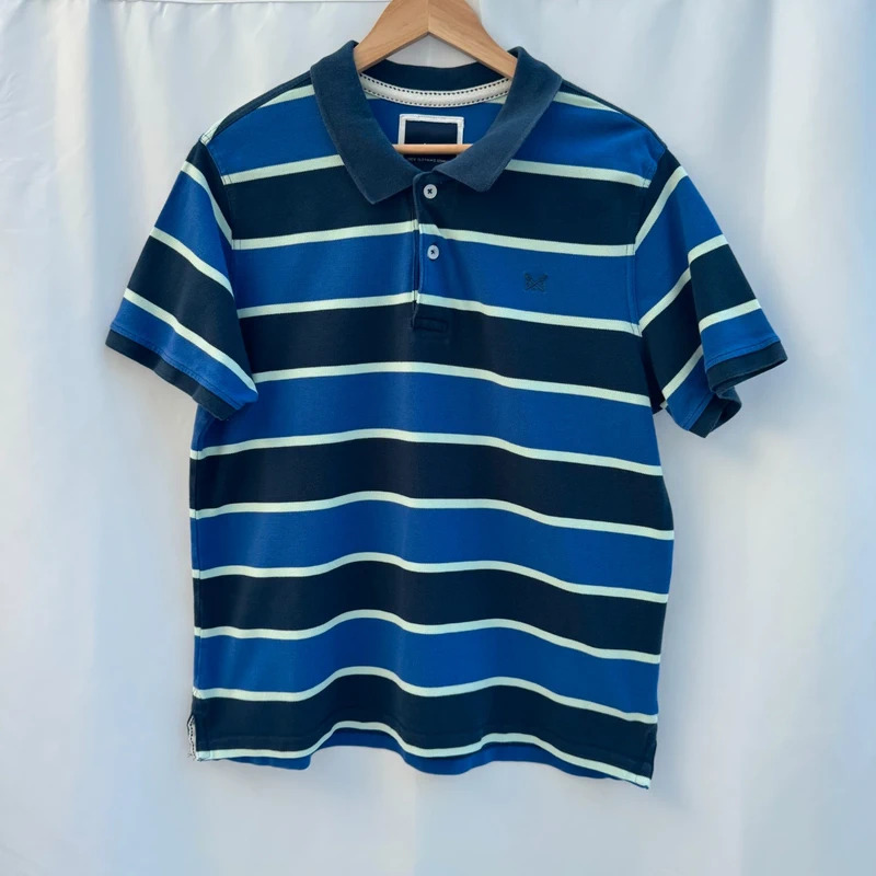 Crew Clothing Polo Shirt XL Slim Fit Blue Stripe 100% Cotton Pique True Size Large
