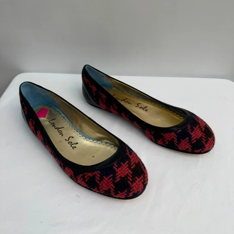 London Sole French Sole Annie Red Navy Tweed Ballet Flats Leather Trim EU 38.5 UK 5.5