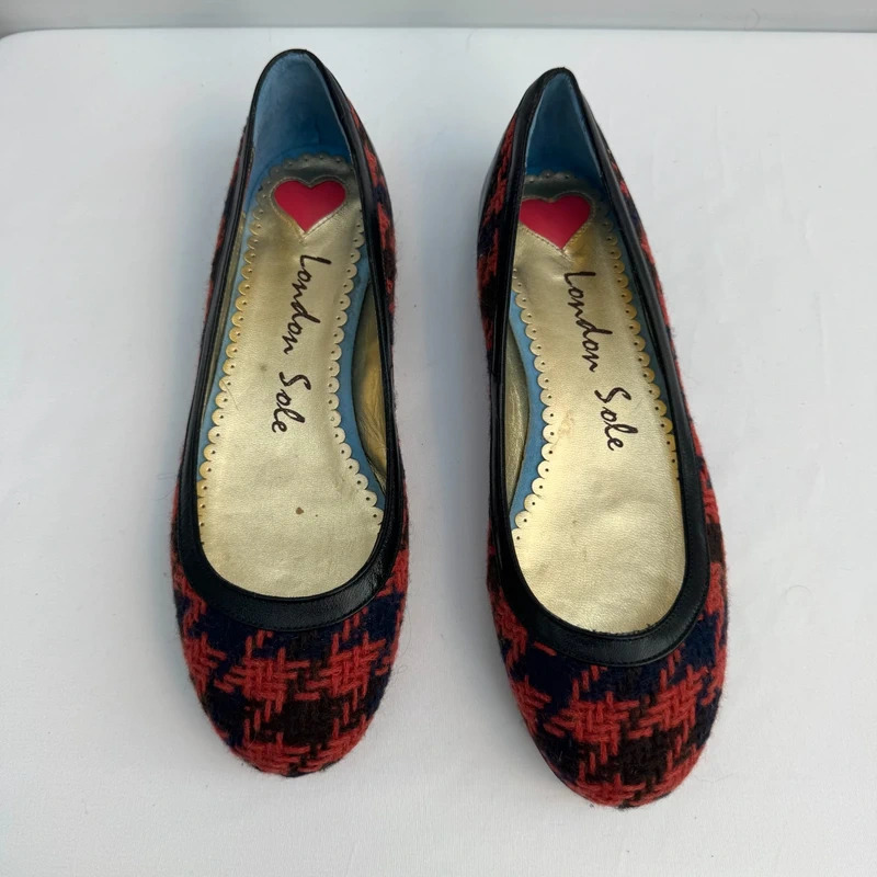 London Sole French Sole Annie Red Navy Tweed Ballet Flats Leather Trim EU 38.5 UK 5.5 - Image 2