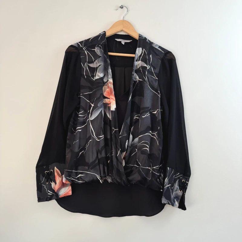Coast Black Floral Wrap Blouse UK14 Sheer Sleeves Lace Up Cuffs