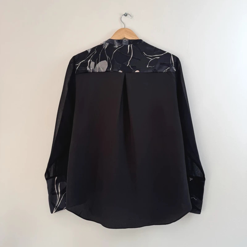 Coast Black Floral Wrap Blouse UK14 Sheer Sleeves Lace Up Cuffs - Image 2
