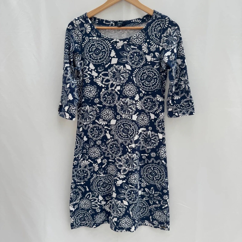 Hatley Navy White Floral Cotton Dress XS / UK 8–10 3/4 Sleeve Casual Jersey