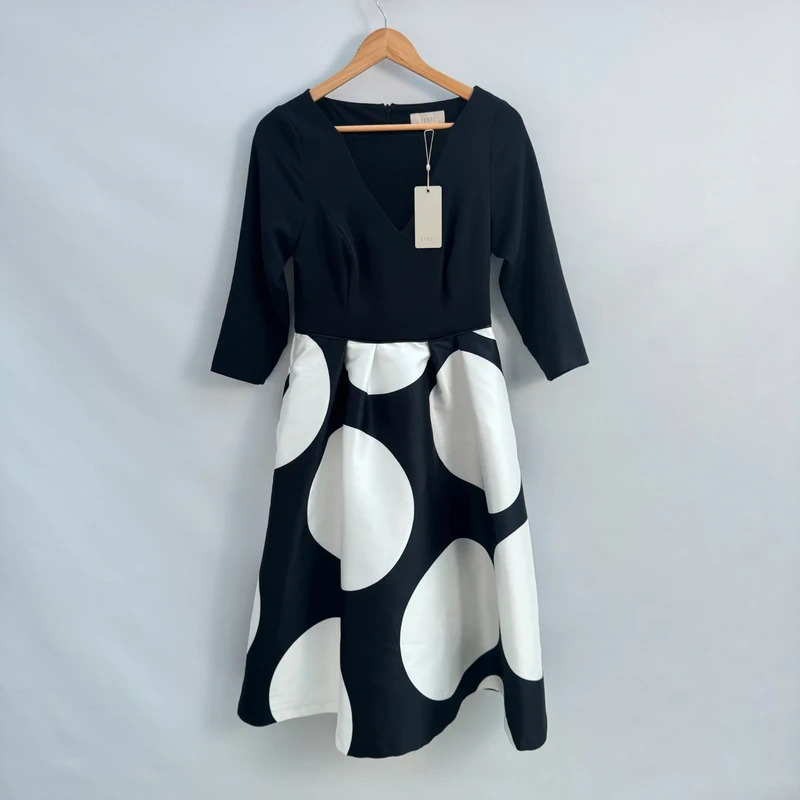 Coast Mono Print Full Midi Dress UK 12 Black White Spot 3/4 Sleeve BNWT rrp £169
