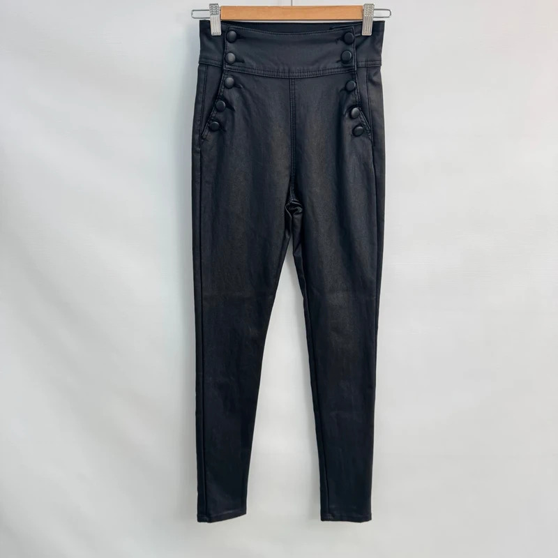 Quiz Black Coated Faux Leather Sailor Button High Waisted Trousers – UK 8
