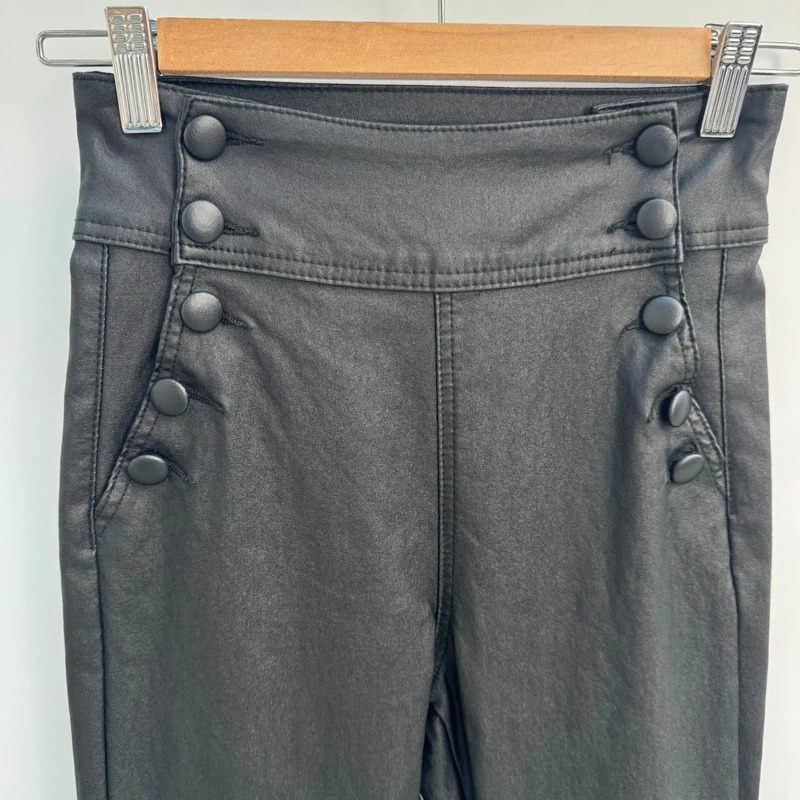 Quiz Black Coated Faux Leather Sailor Button High Waisted Trousers – UK 8 - Image 4