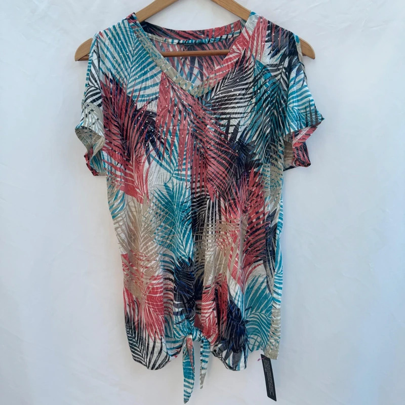 Roman Originals Size 12 Tropical Palm Print Diamante Tie Front Top