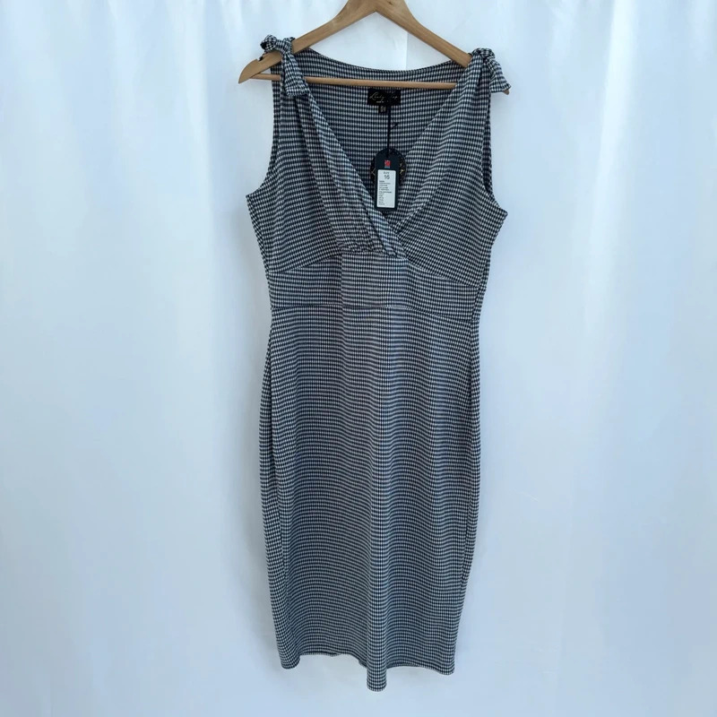 Lindy Bop Sabina Navy Gingham Tie shoulder Midi Wiggle Dress UK 16 BNWT