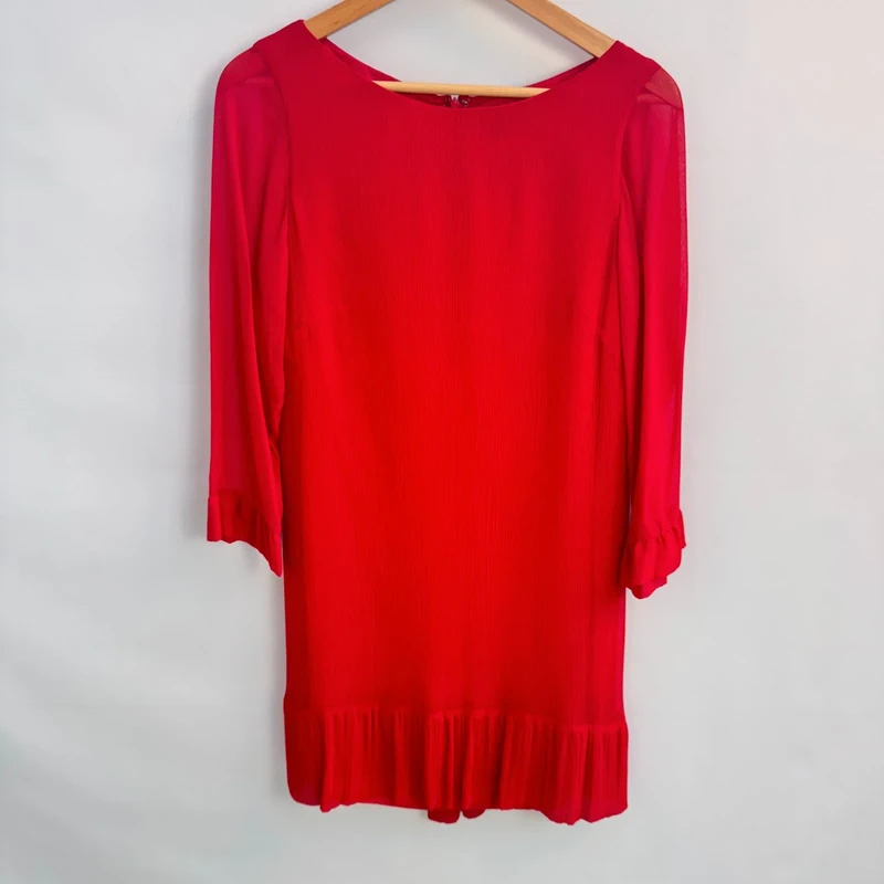 Reiss Brea Red Silk Shift Dress 100% Silk Pleated 3/4 Sleeve Ruffle Hem UK 12