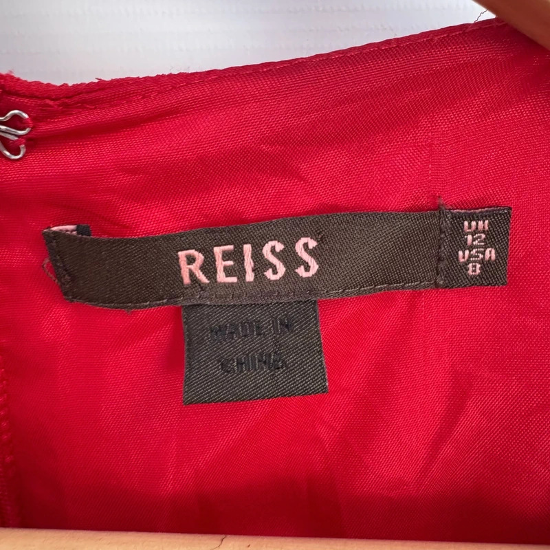 Reiss Brea Red Silk Shift Dress 100% Silk Pleated 3/4 Sleeve Ruffle Hem UK 12 - Image 4