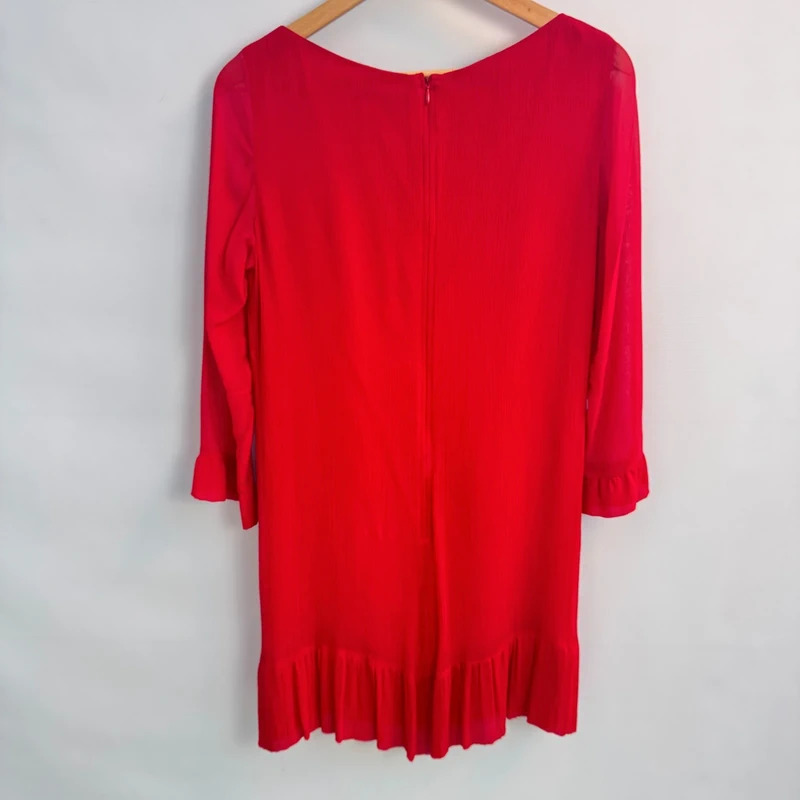 Reiss Brea Red Silk Shift Dress 100% Silk Pleated 3/4 Sleeve Ruffle Hem UK 12 - Image 6