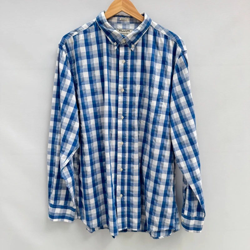 Real Clothing Blue White Gingham Shirt XL Classic Fit 100% Cotton Long Sleeve