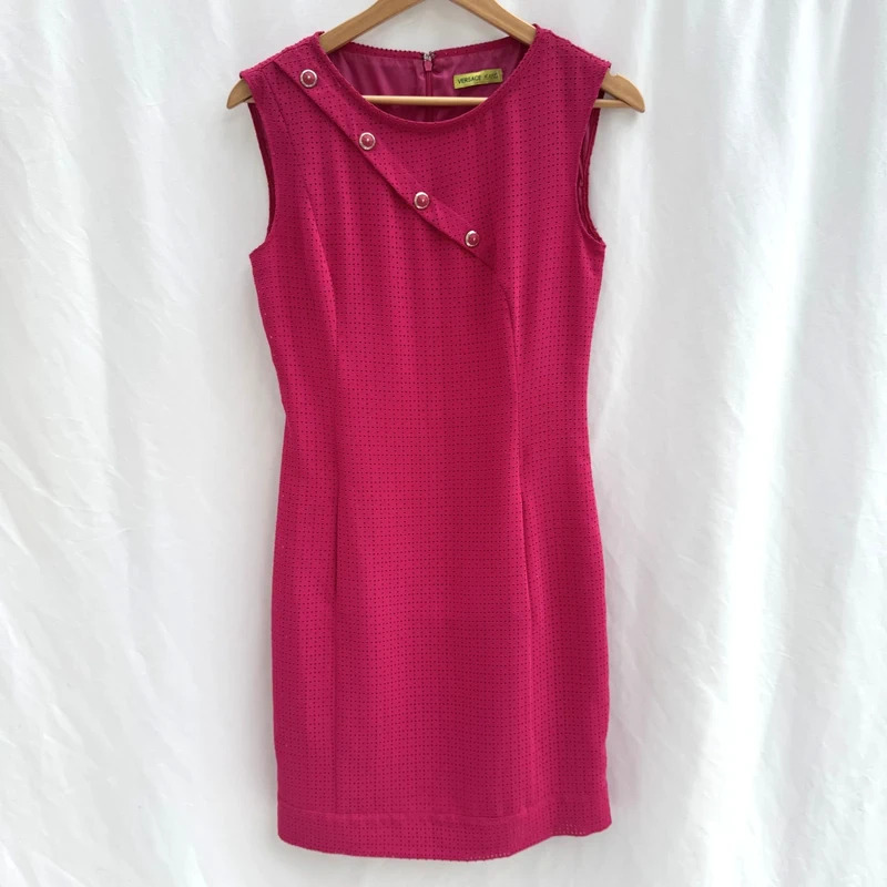 Versace Jeans Fuchsia Pink Eyelet Dress IT42 UK10 Sleeveless Logo Buttons Made in Italy
