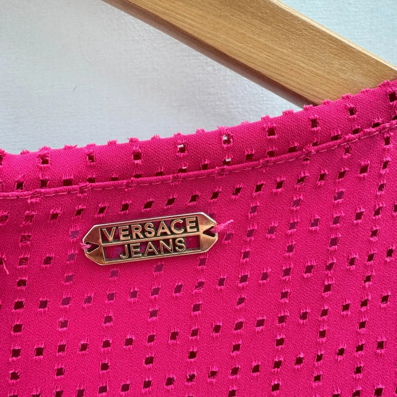 Versace Jeans Fuchsia Pink Eyelet Dress IT42 UK10 Sleeveless Logo Buttons Made in Italy - Image 9