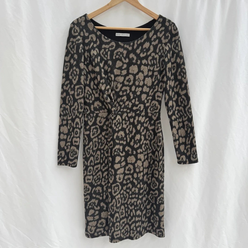 Gina Bacconi Leopard Print Dress UK 12 Long Sleeve Twist Front Knit Lined