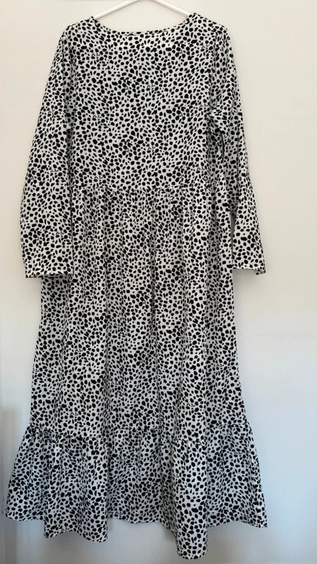 Black White Dalmatian Print Tiered Midi Maxi Dress Long Sleeve UK 14-16