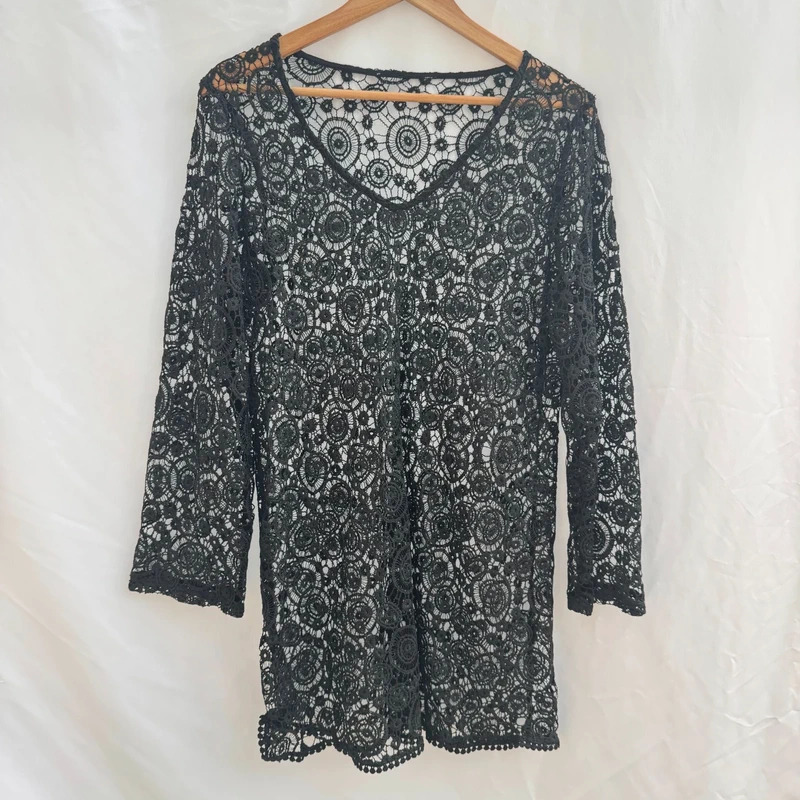 Next Beachwear Black Lace Tunic S 3/4 Sleeve V-Neck Cover-Up