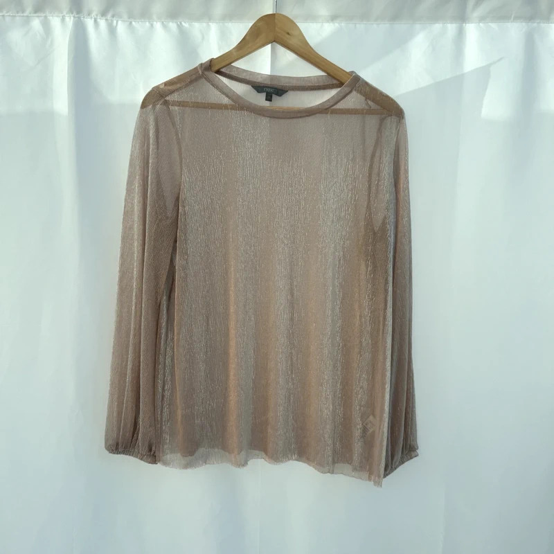 Next Champagne Lurex Sheer Top UK 14 Long Puff Sleeves Metallic Shimmer Party