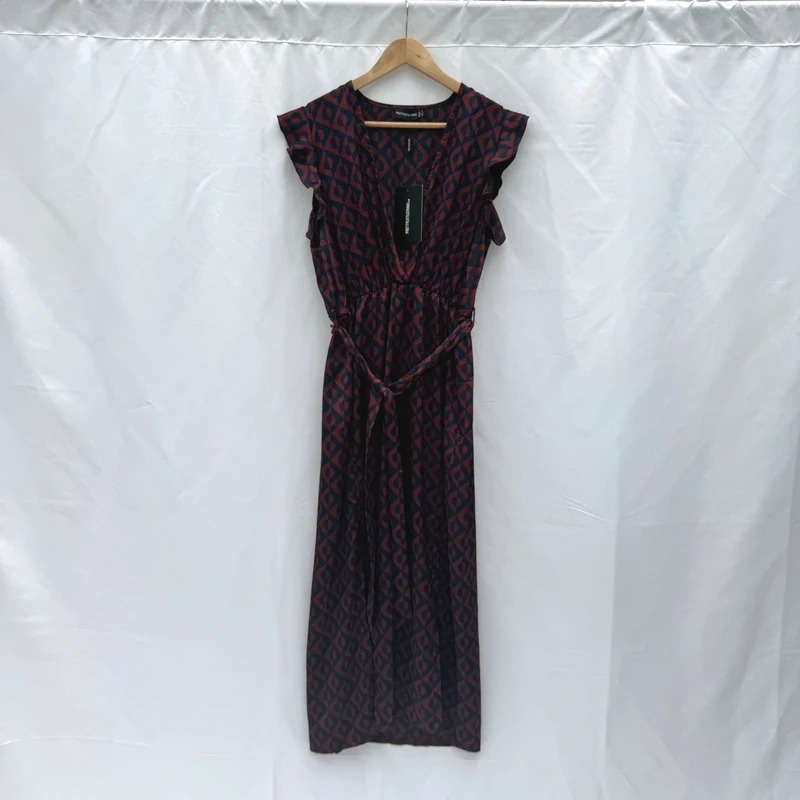 PrettyLittleThing BNWT Geo Print Wrap Midi Dress Burgundy Navy UK12 Belted