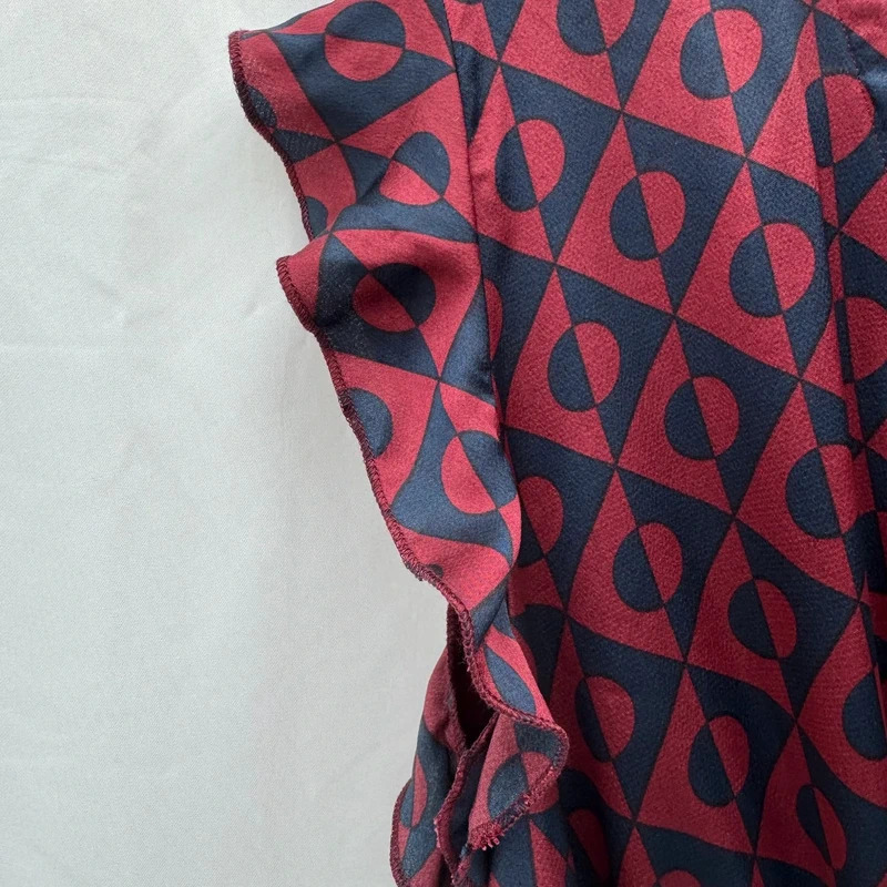 PrettyLittleThing BNWT Geo Print Wrap Midi Dress Burgundy Navy UK12 Belted - Image 5