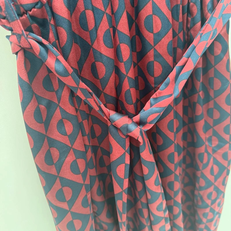 PrettyLittleThing BNWT Geo Print Wrap Midi Dress Burgundy Navy UK12 Belted - Image 7