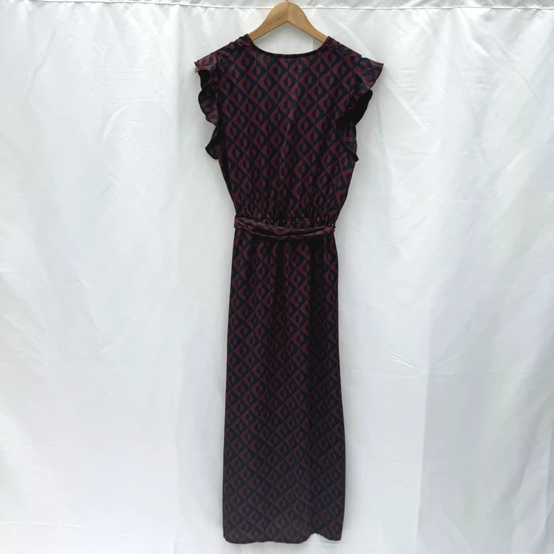 PrettyLittleThing BNWT Geo Print Wrap Midi Dress Burgundy Navy UK12 Belted - Image 8